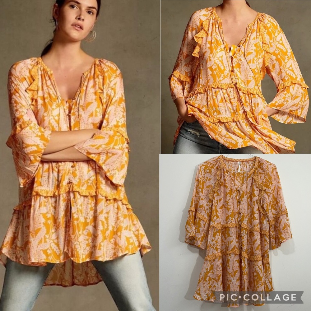 Anthropologie Mia Floral Tiered Tunic Semi-Sheer Boho Top XS Relaxed Fit Peasant